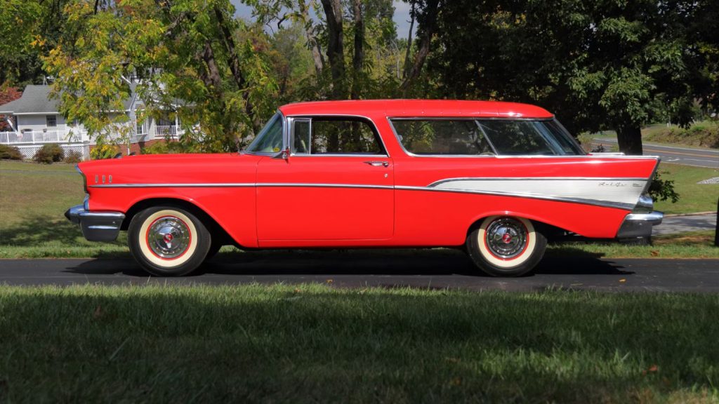 Side view of the 1957 Chevy Nomad heading to auction.
