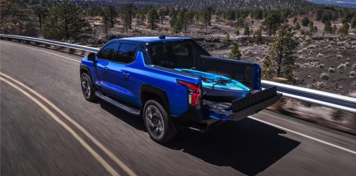 Rear three quarters view of the 2024 Chevy Silverado EV.