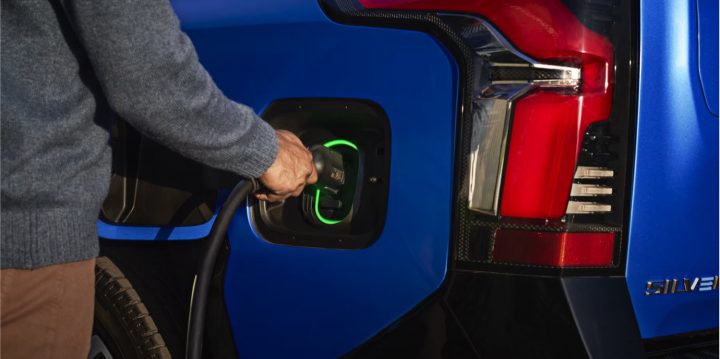 A Chevy Silverado EV charging port. GM is part of a new joint venture called Ionna poised to open tens of thousands of new EV chargers.