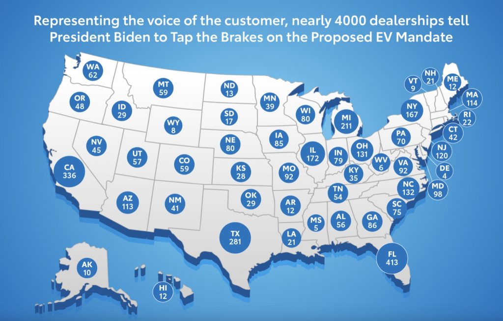 Map of car dealerships that want the EV mandate to relax.
