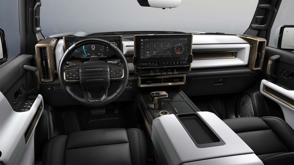 Cockpit view of the 2024 GMC Hummer EV SUV interior colors.