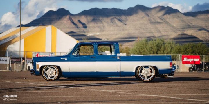 Side view of a custom 1979 Chevy C10 restomod.