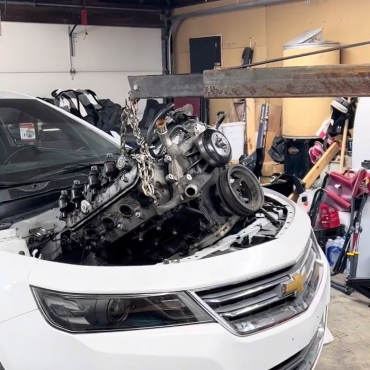 A 2017 Chevy Impala gets an LS V8 engine shoehorned under the hood.