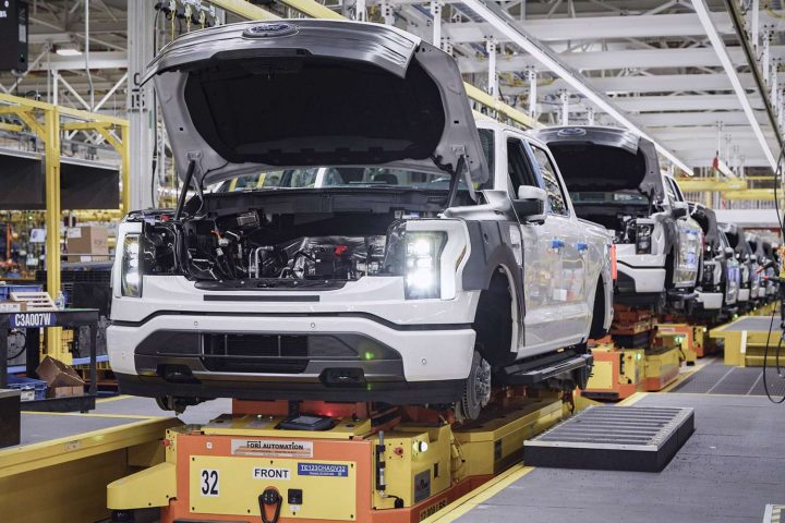 Image of the Ford F-150 Lightning on the assembly line at Ford's Rouge Vehicle Center in 2022.