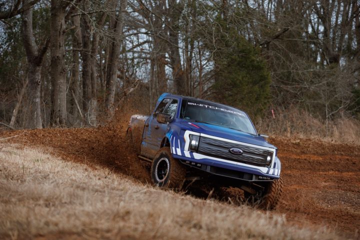 The Ford F-150 Lightning Switchgear concept hits a berm.