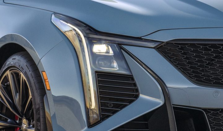 A close-up view of the refreshed 2025 Cadillac CT5-V Blackwing's headlight cluster.