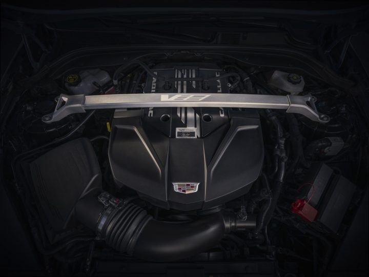 The supercharged 6.2L V8 LT4 gasoline engine in the Cadillac CT5-V Blackwing.