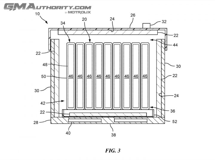 GM patent image describing a battery with a built-in fire suppression system.