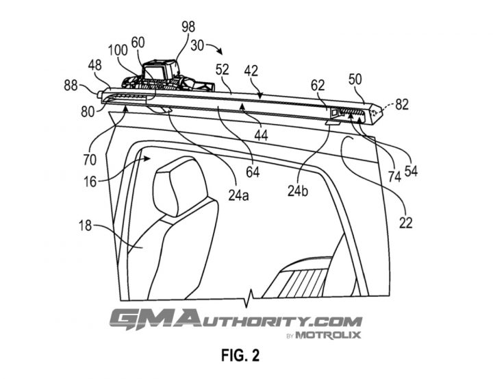 GM patent image describing a hoist system mounted to a vehicle's roof rails.