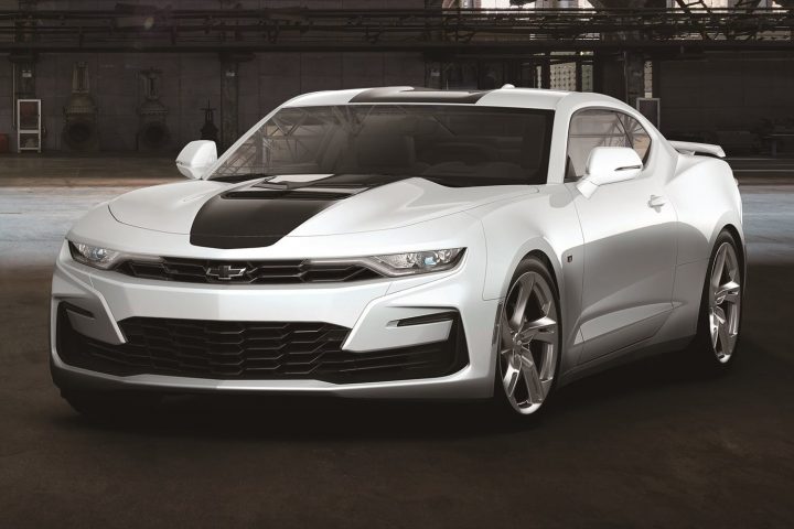Front three-quarters view of the 2024 Chevy Camaro SS Final Edition for the Japanese market. Shown here in Summit White with the Black Metallic center stripe.