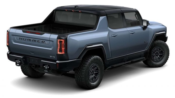 Rear three quarters view of the 2024 GMC Hummer EV Pickup.