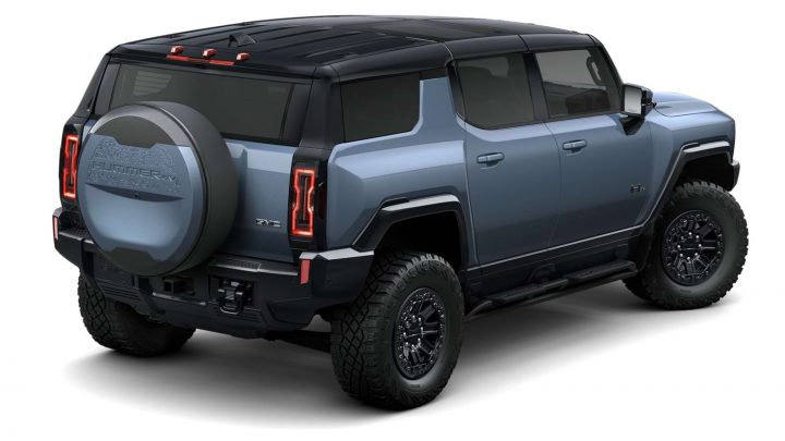 Rear three quarters view of the Hummer EV SUV.