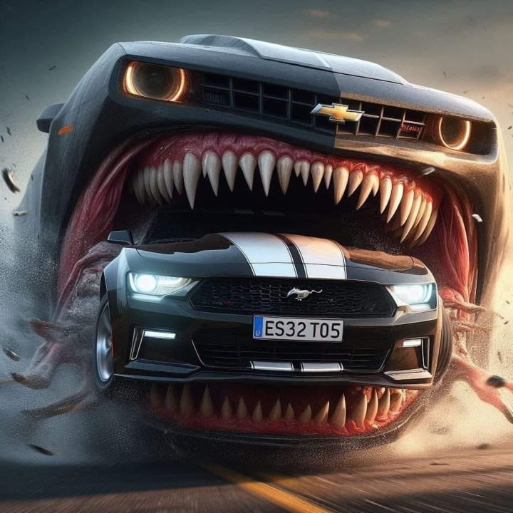 Rendering that shows the Chevy Camaro as a beast that eats Mustangs.