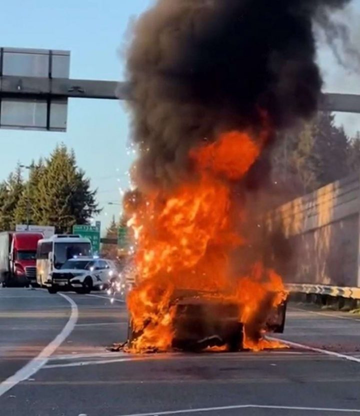 The Hummer EV on fire.