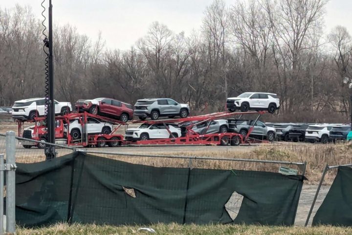 New units of the 2024 Chevy Traverse stockpiled in Flint, Michigan.