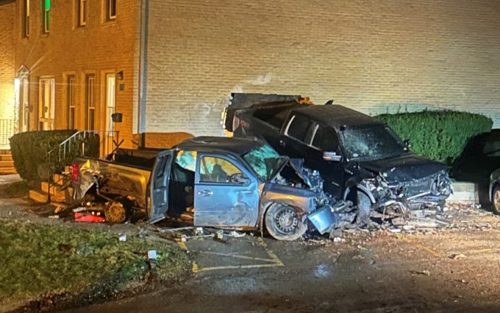 According to the NHTSA, U.S. traffic deaths declined in 2023. Shown here is a Chevy Silverado that collided into a Ford F-150.