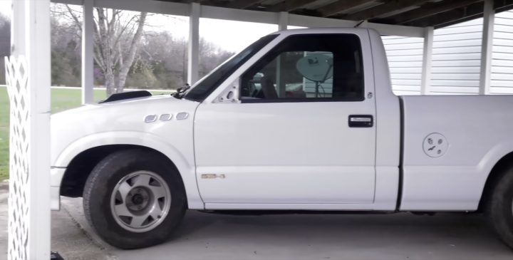 A stock Chevy S-10 ready for modification.