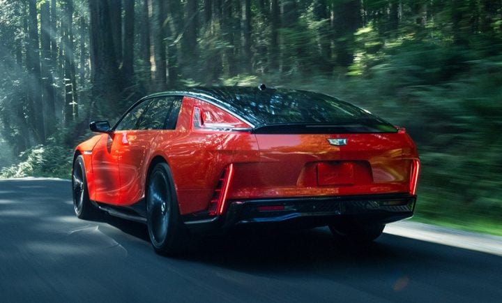 A rear three quarters photo of the bright orange Cadillac Celestiq Habanero color.