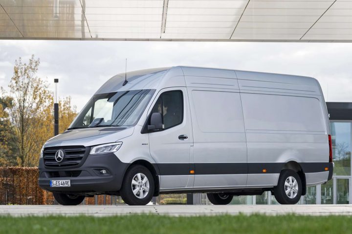 Side front three quarters view of the 2025 Mercedes-Benz eSprinter.