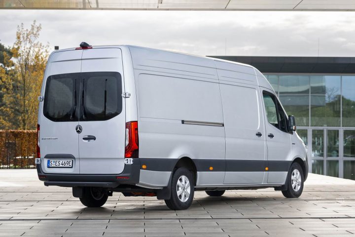 Rear three quarters view of the 2025 Mercedes-Benz eSprinter.