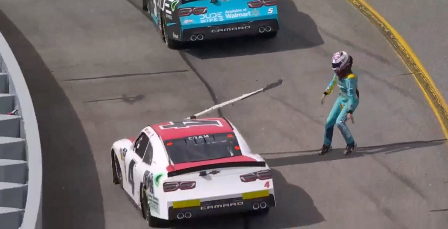 Joey Gase throws bumper cover during NASCAR Xfinity Series race ...