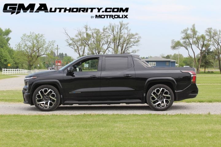 Side profile of 2024 Chevy Silverado EV RST First Edition. Chevy Silverado EV deals include interest-free financing in April 2025.