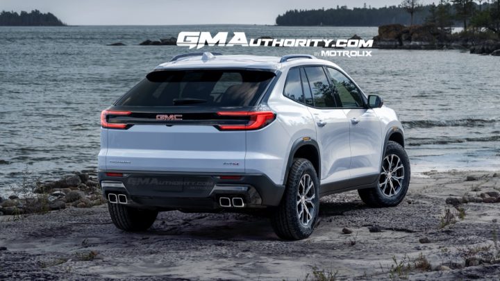 The rear end of a GM Authority rendering that imagines the 2024 GMC Acadia as a crossover coupe. 