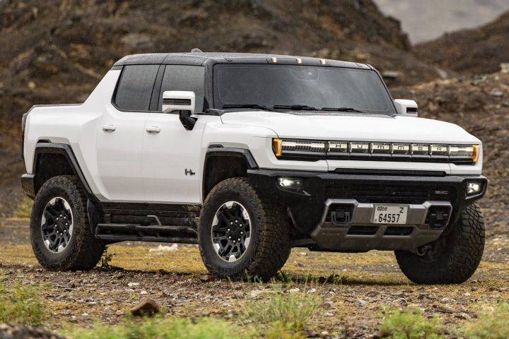 Front three-quarters view of the GMC Hummer EV Pickup for the Middle East market.