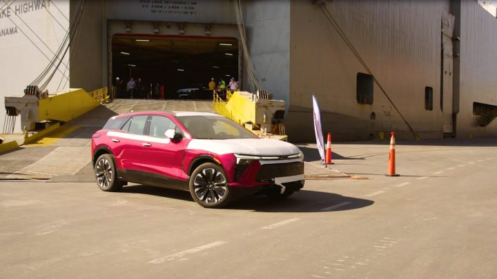A Chevy Blazer EV RS drives off a cargo ship in Brazil.