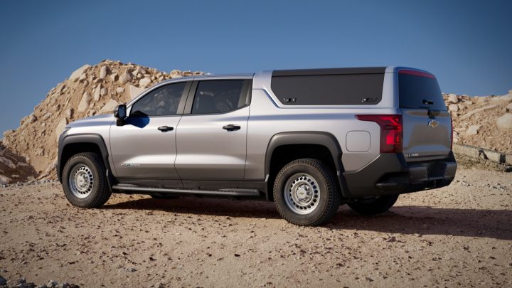 Rear three-quarters view of the Chevy Silverado EV Work Truck. Production of the 2025 Chevy Silverado EV is scheduled to start on September 3rd 2024.