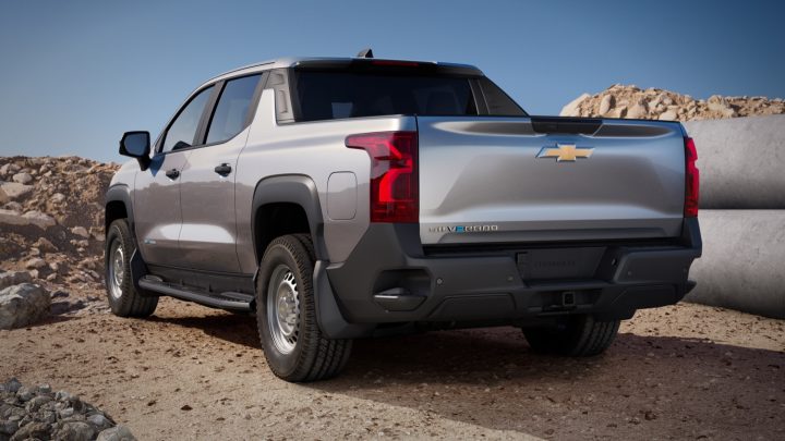 Rear three quarters view of the 2024 Chevy Silverado EV.