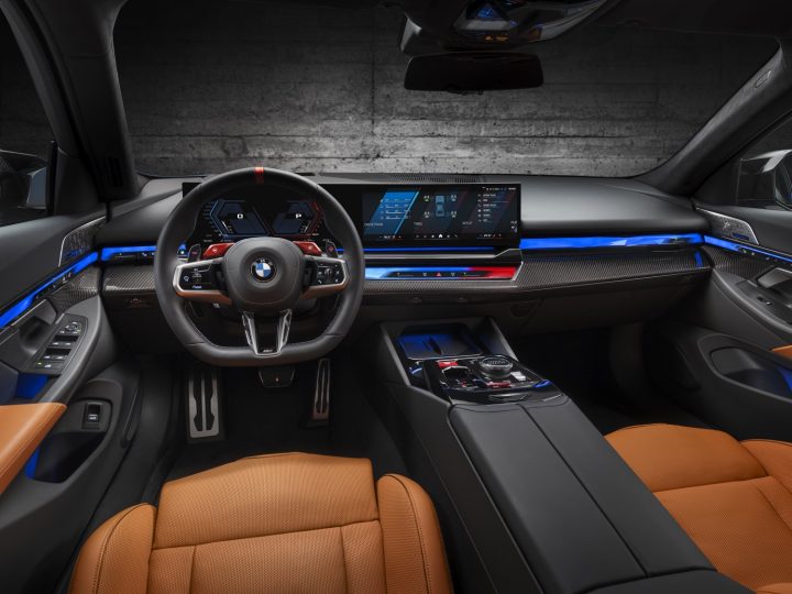 Cockpit view of the 2025 BMW M5 sedan. 