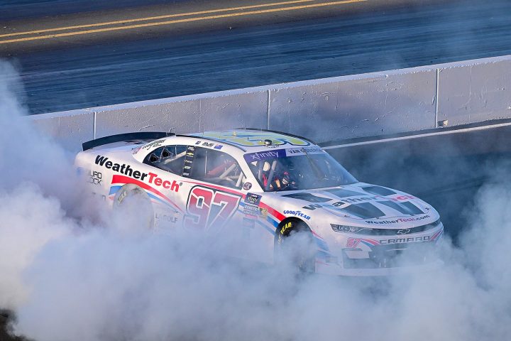 Shane van Gisbergen will drive the No. 88 NASCAR Chevy for Trackhouse Racing in 2025. Shown here is van Gisbergen performing a burnout in his No. 97 Camaro in the NASCAR Xfinity series. 