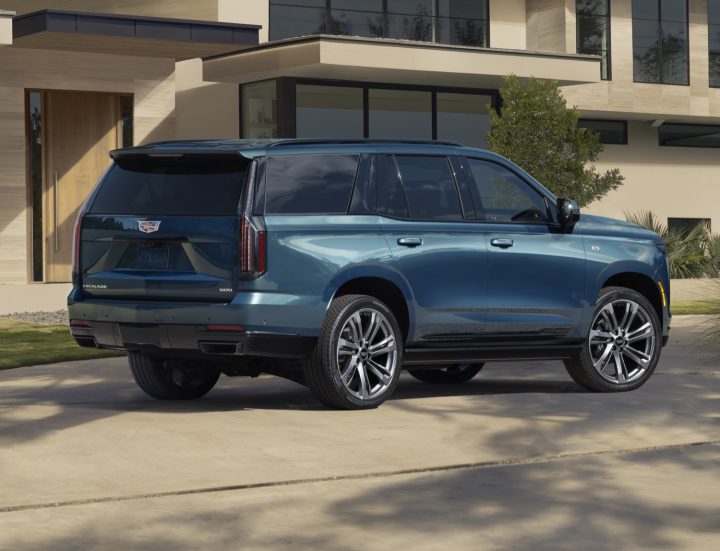 Side rear three quarters view of the 2025 Cadillac Escalade.