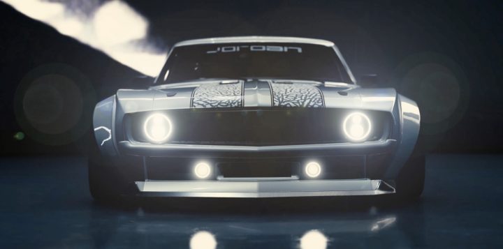 The front end of a custom Chevy Camaro featured in the Forza Horizon 5 game world.