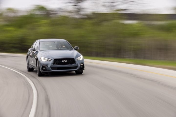 The front end of the Infiniti Q50, a rival to the Cadillac CT4 and Cadillac CT5.