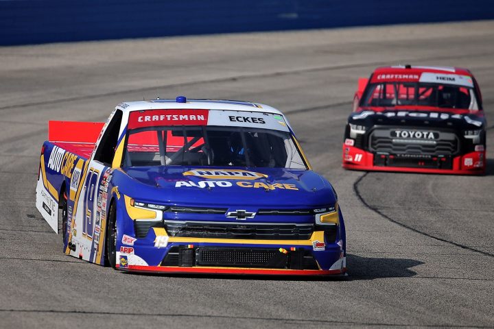 Image of the No. 19 NASCAR Chevy truck on the racetrack, piloted by Christian Eckes.