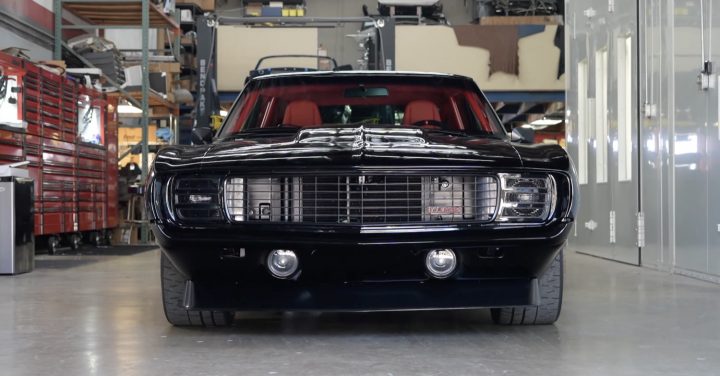 The front end of a custom 1969 Chevy Camaro.