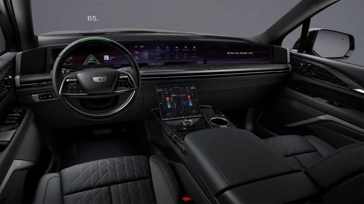 Cockpit view of the 2025 Cadillac Escalade IQ interior colors.