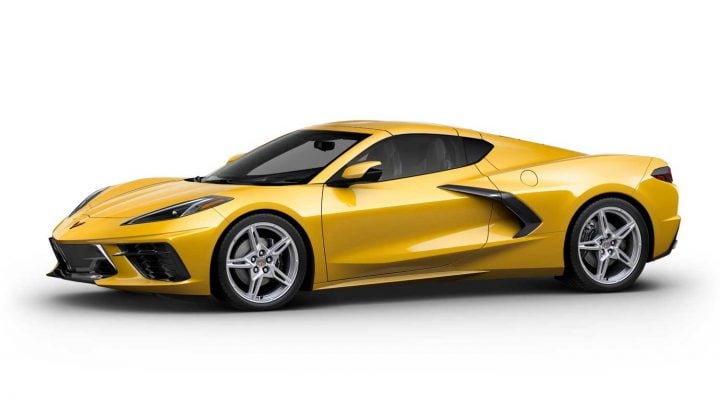 Side view of the 2025 Corvette in Competition Yellow Tintcoat Metallic.