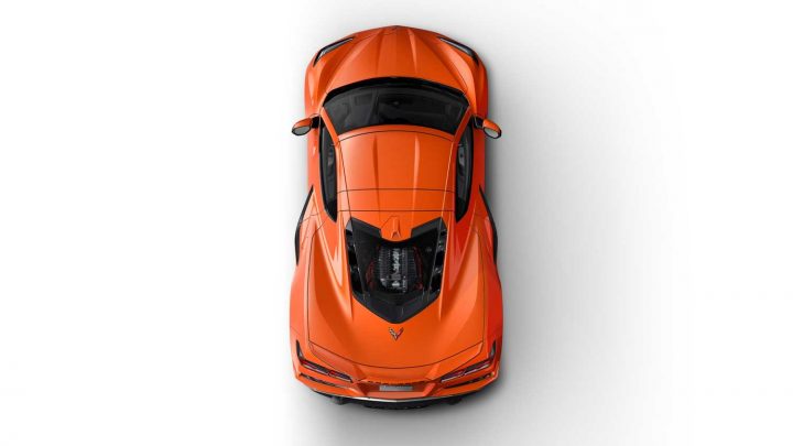 Overhead view of the 2025 Corvette in Sebring Orange Tintcoat.