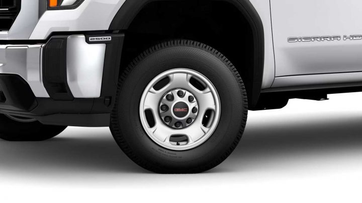 Detail view of the 2025 GMC Sierra HD wheels.