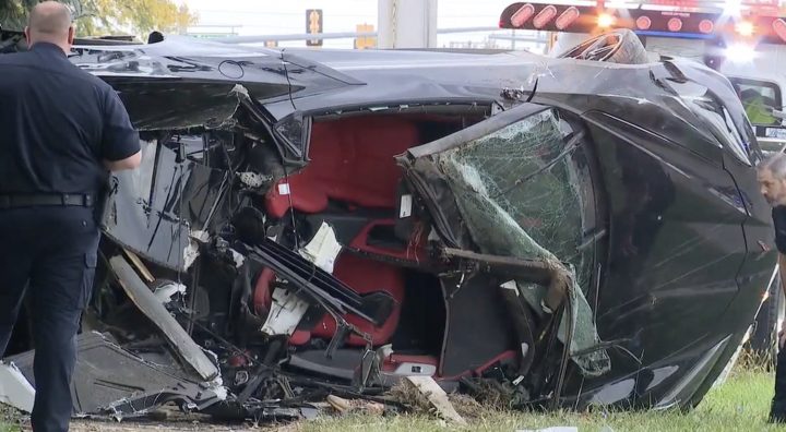 A C8 Corvette destroyed in a rollover accident.