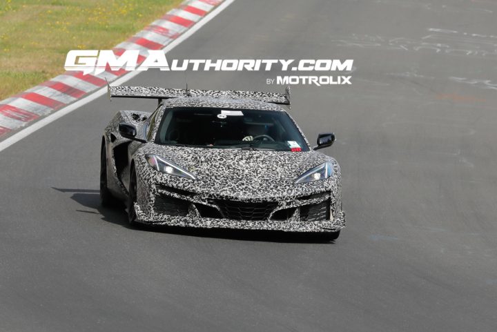 The front end of a C8 Corvette Zora prototype testing on the race track.