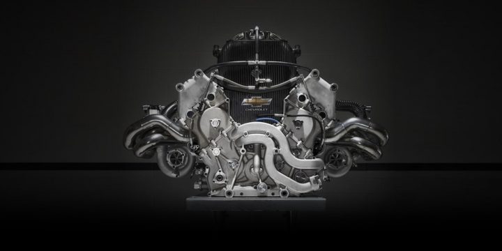 Side view of the Chevy IndyCar turbocharged 2.2L V6 engine.