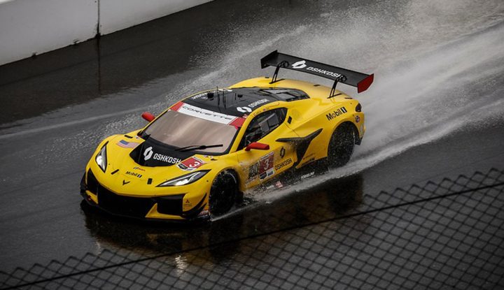 Image of the No. 3 Corvette Z06 GT3.R on the rain-drenched track at Indy. Corvette Racing finished on the podium.