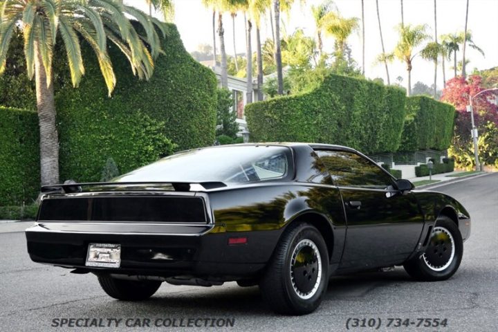 Rear three quarters view of the Knight Rider 1982 Pontiac Firebird Trans Am.