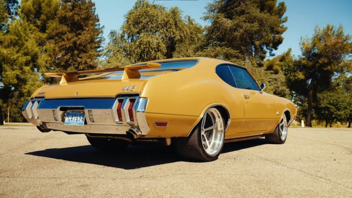 1970 Oldsmobile 442 restomod rear three quarter angle.