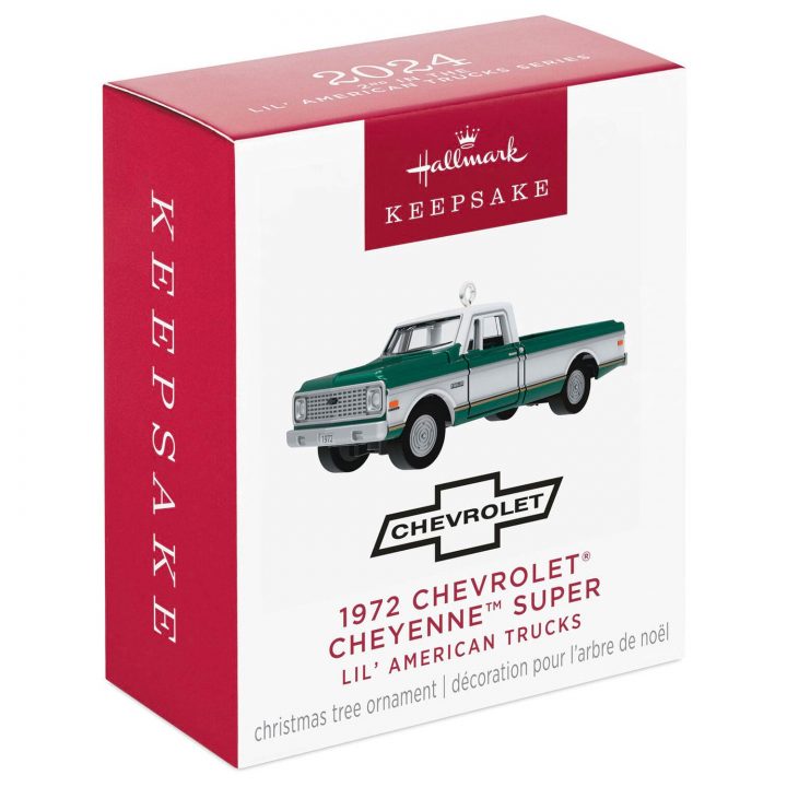 Gift box view of the 1972 Chevy C10 Cheyenne ornament. 