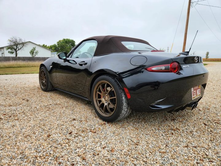 LS3-swapped 2019 Mazda MX-5 Miata rear three quarter angle.
